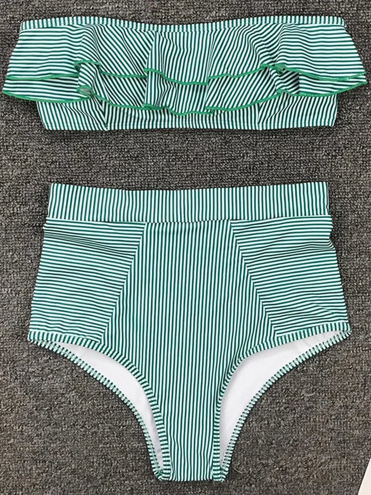 2025 Striped Top Ruffle High Waist Bikini Women Swimwear Female Swimsuit Two-pieces Bikini set Bandeau Bikinis Bathing Suit Swim
