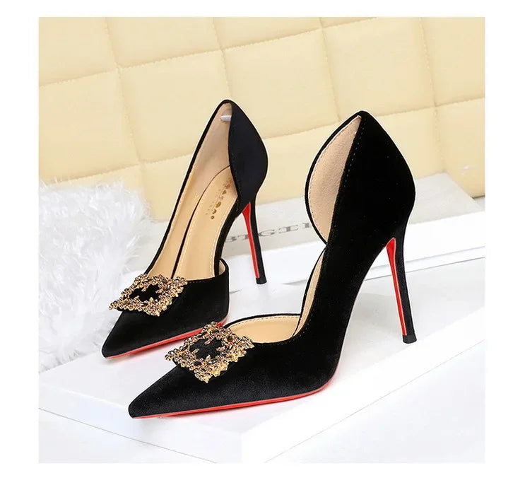 Women 10cm Super High Heels Pointed Toe Side Hollow Work Pumps Metal Crystal Buckle Velvet Stiletto Fashion Banquet Lady Shoes