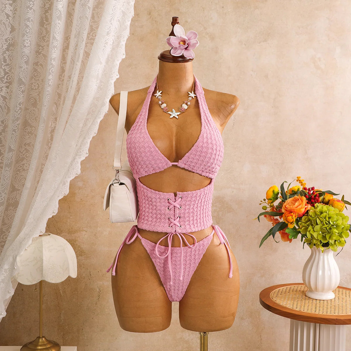 Sexy Black Plaid Print Holiday Bikinis Sets 2026 Women Bandage Cross Fishbone Top 3 Piece Swimsuit Summer Bathing Suit Swimwear