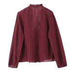 2026 Spring New Women Elegant Loose V Neck Wave Trim Polka Dot Blouse Thin Long Sleeve Top