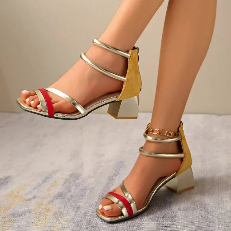 2026 New Summer Women's Pumps Elegant Strap Solid Color Square Toe High Heels Open Toe Fashion Sexy Banquet Women's Shoes