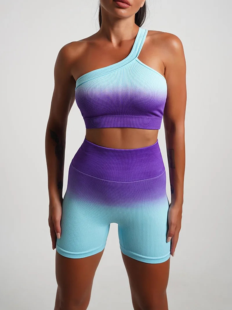 Seamless Tight Yoga Sets Sports Fitness Gradient Single Shoulder Bra High Waist Hip Lifting Pants Suits Wokout Gym Running Sets