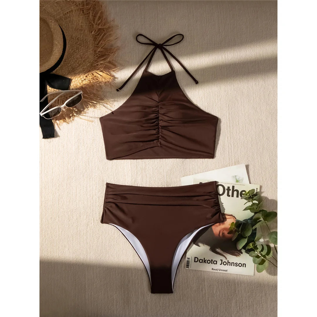 Halter Wrinkled High Neck Female Swimsuit High Waist Bikini Women Swimwear Two-pieces Bikini Set Bather Bathing Suit Swim V5616