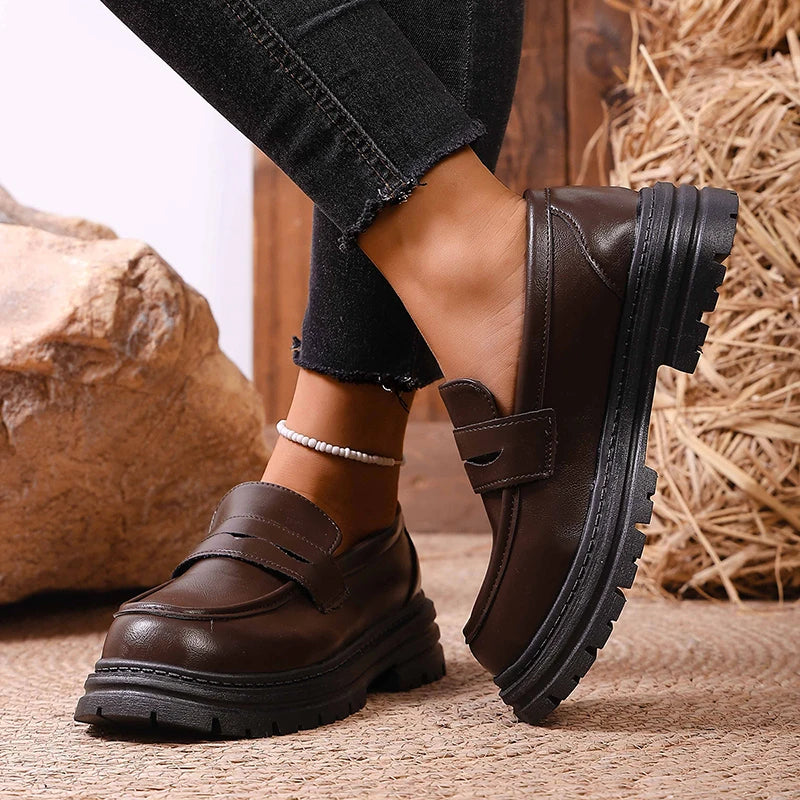 British Style Platform Loafers Women 2026 Autumn Slip On Thick Bottom Pu Leather Pumps Woman Plus Size 43 Office Student Shoes