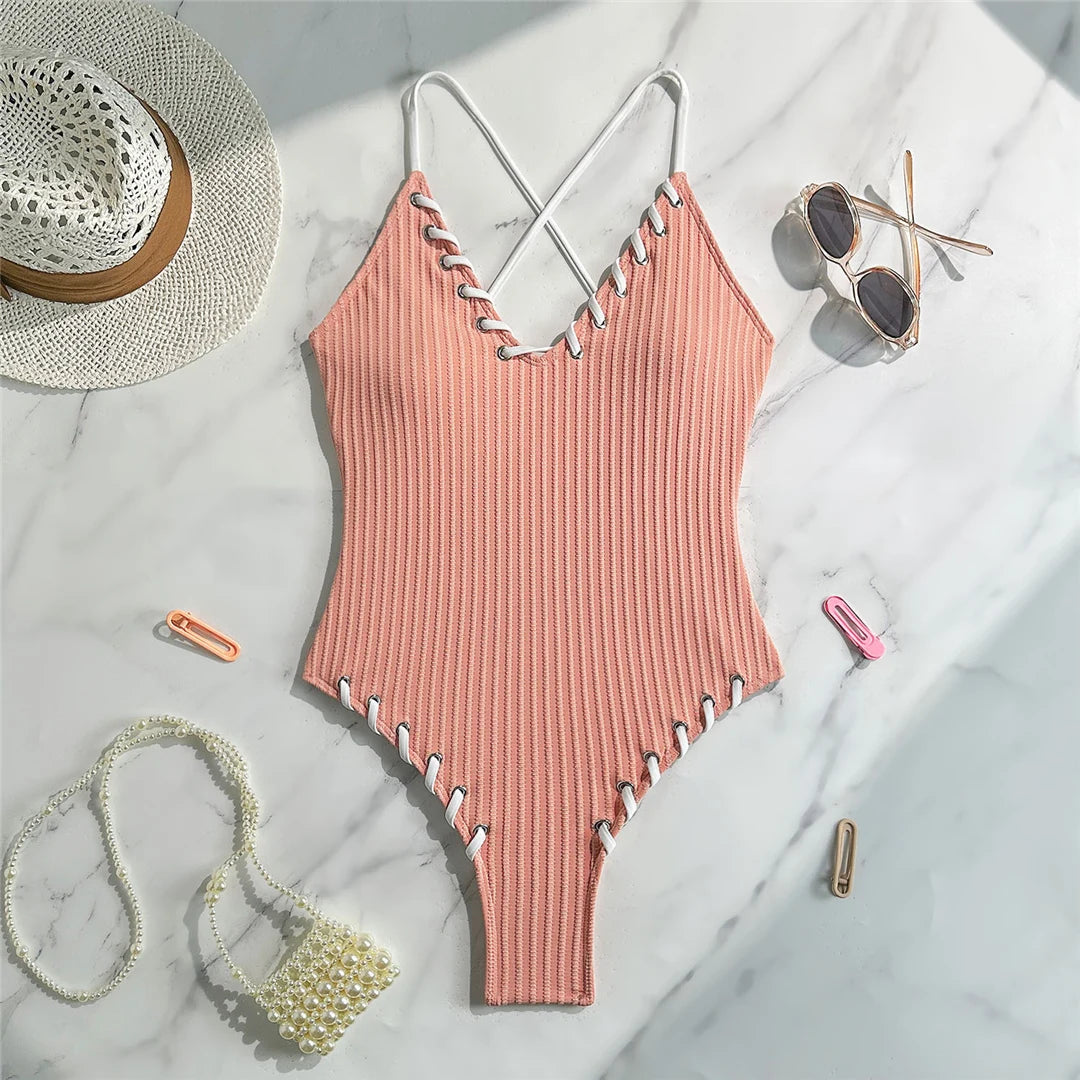5 Colors V Neck Ribbed Cross Back One Piece Swimsuit Women Swimwear Female High Leg Cut MonokiniBather Bathing Suit Swim V6278