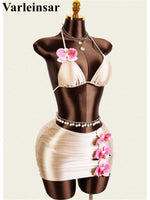 XS - L With Skirt 3D Flower Halter Bikini Women Swimwear Female Swimsuit Three-Pieces Bikini Set Bather Bathing Suit Swim V8065