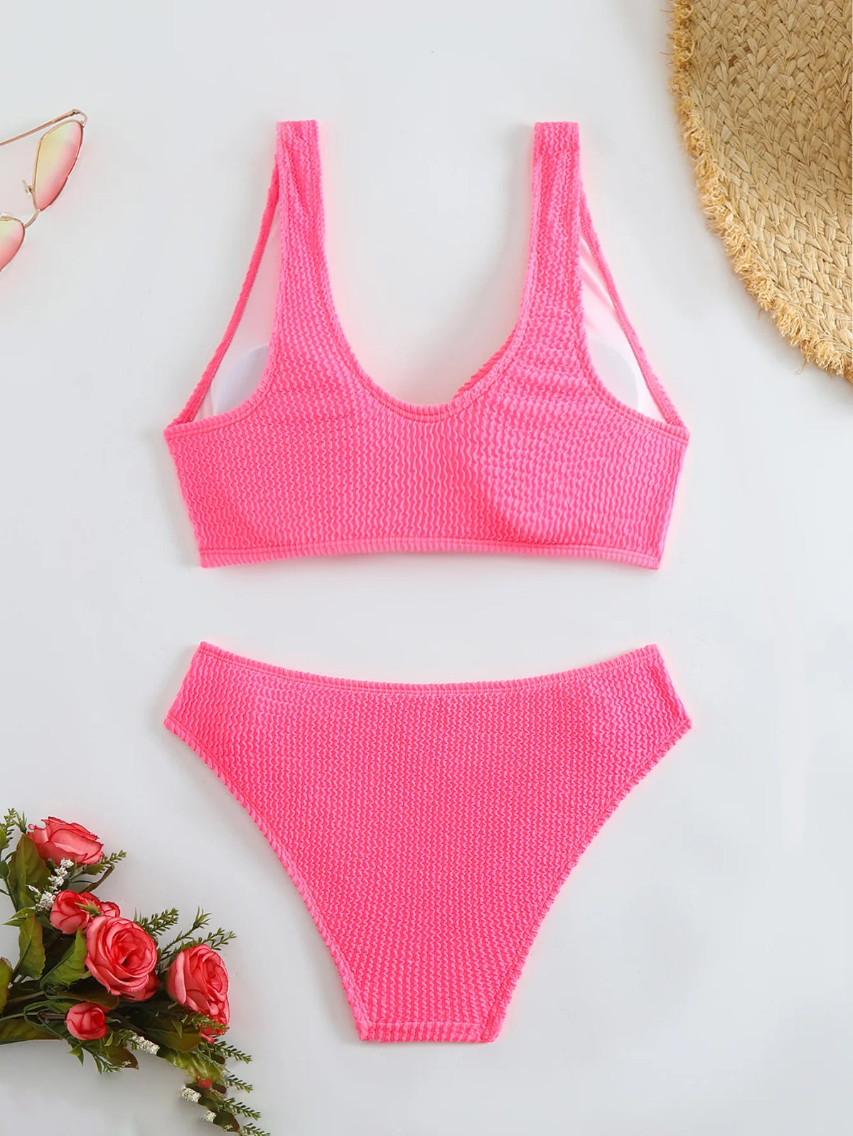 2026 Summer New Women's 2 Piece Swimsuit Solid Color High Waist Bikini Set V-neck Backless Beach Vacation Bathing Suit Swimwear