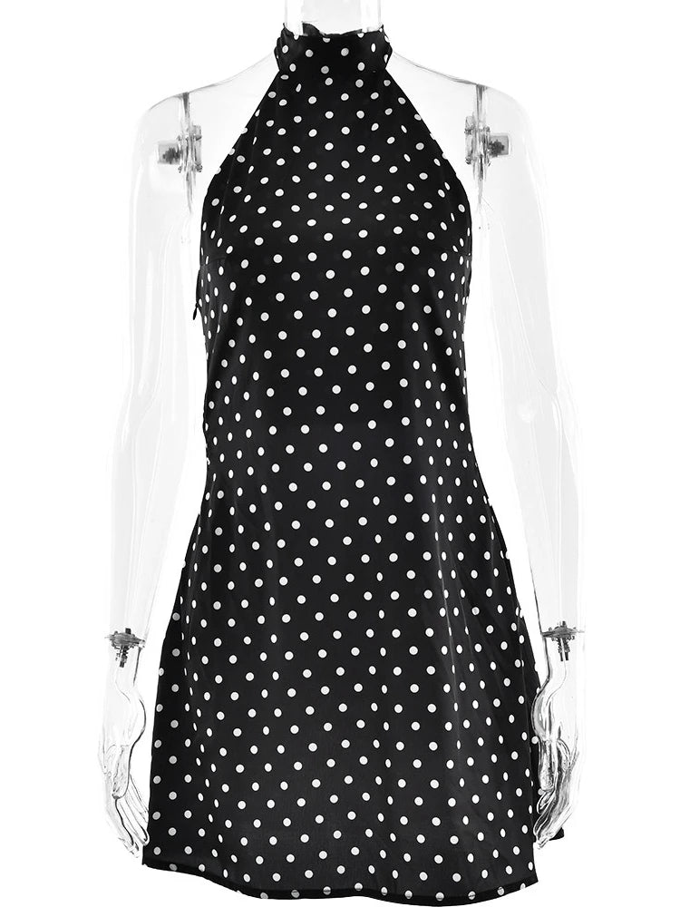 FDYOUI Woman Clothes Halter Sleeveless Polka Dot Satin Short Dress 2026 Summer Sexy Bandage Backless Mini Evening Party Dresses