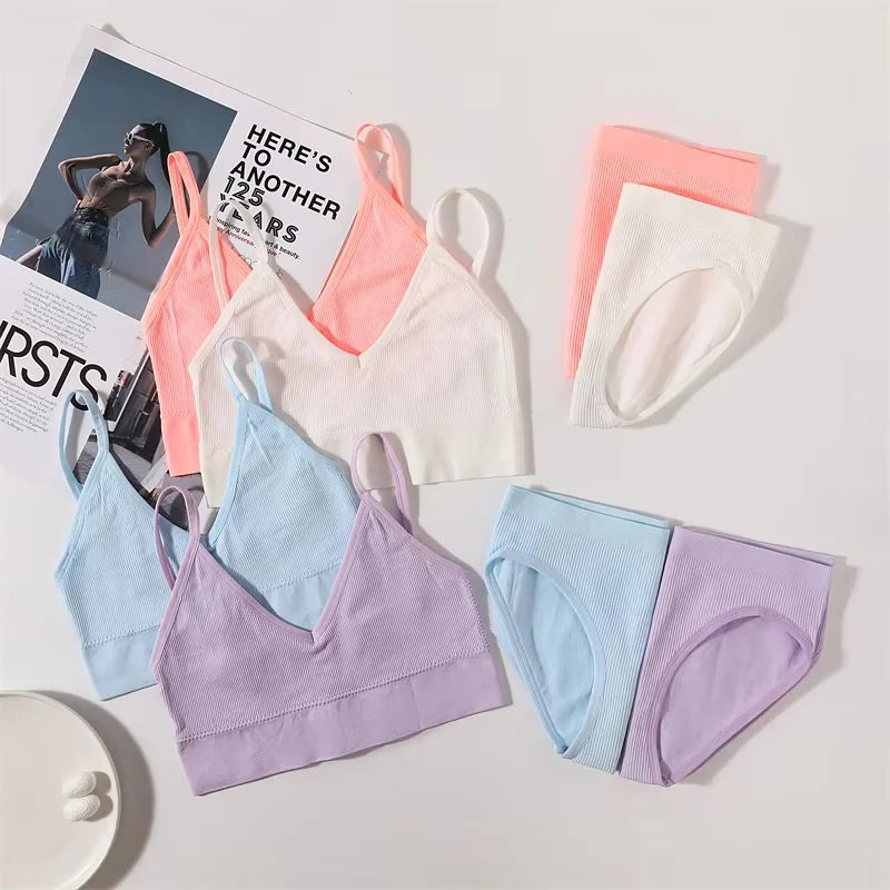 Women Seamless Bra And Panties Set U Back Bra Crop Top Sexy Lingerie Set No Pads Brassiere Low Rise Briefs Ladies Underwear Set