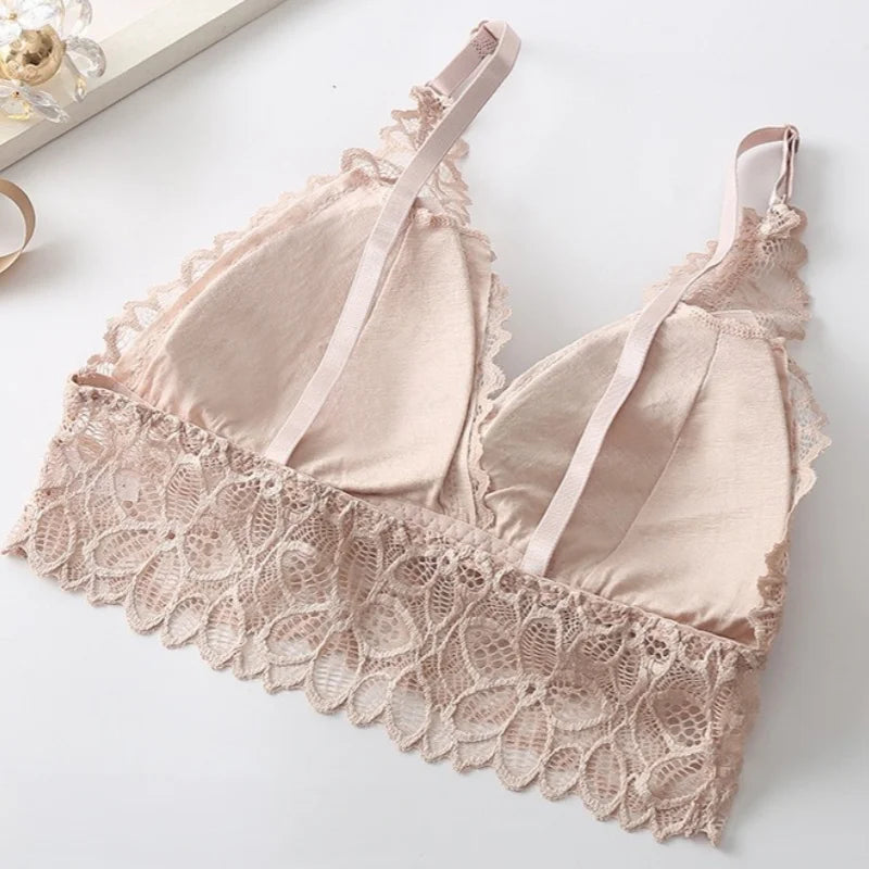 Women Lace Bra and Panties Set V-Neck Hollow Lace Underwear Set Embroidery Scallop Edge Bralette Sexy Lingerie Set Intimates