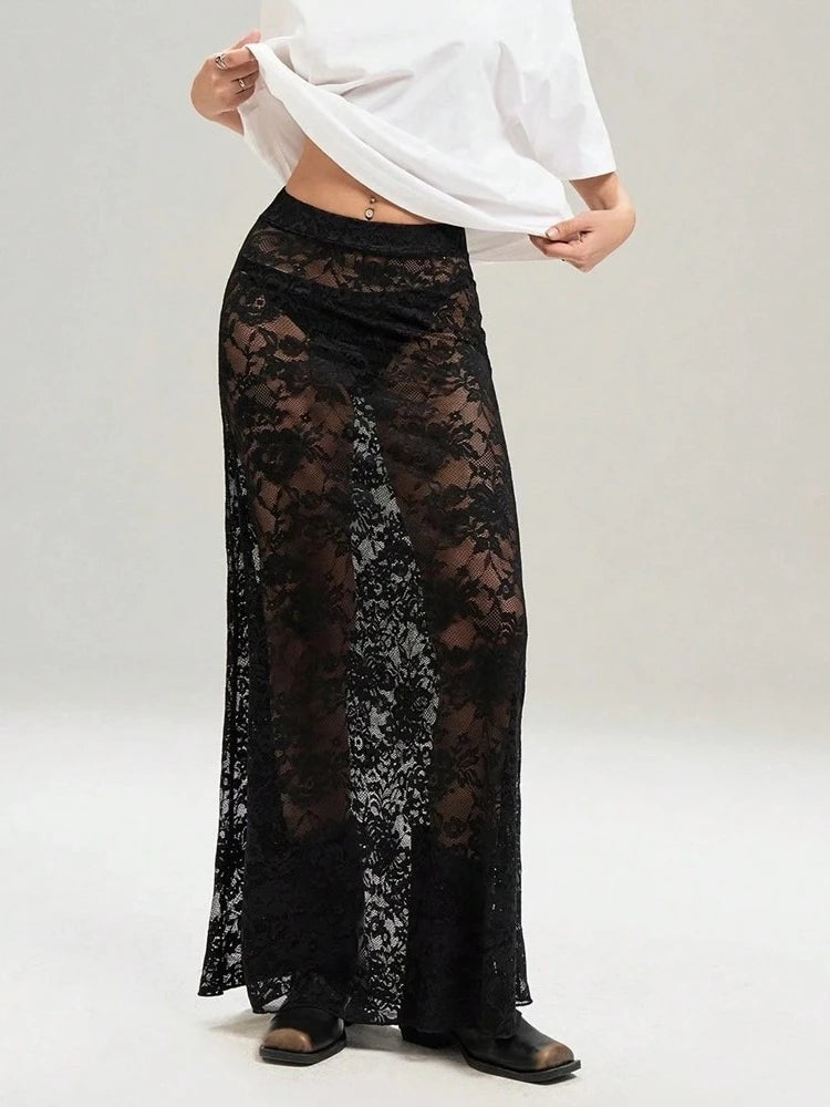 Sexy High Waist Black Lace Skirts for Women 2026 Summer See-through Long Maxi Skirt Female Hollow Out Slim Holiday Party Dress