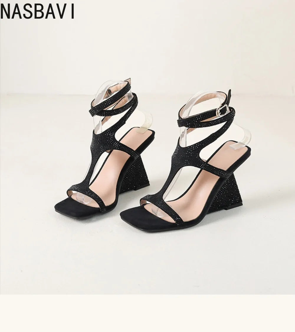 Brand Design Cross-Strap Rhinestone Sandals Summer For Women Crystal Strange Style High Heels Buckle Strap Dress Shoes Blue Red