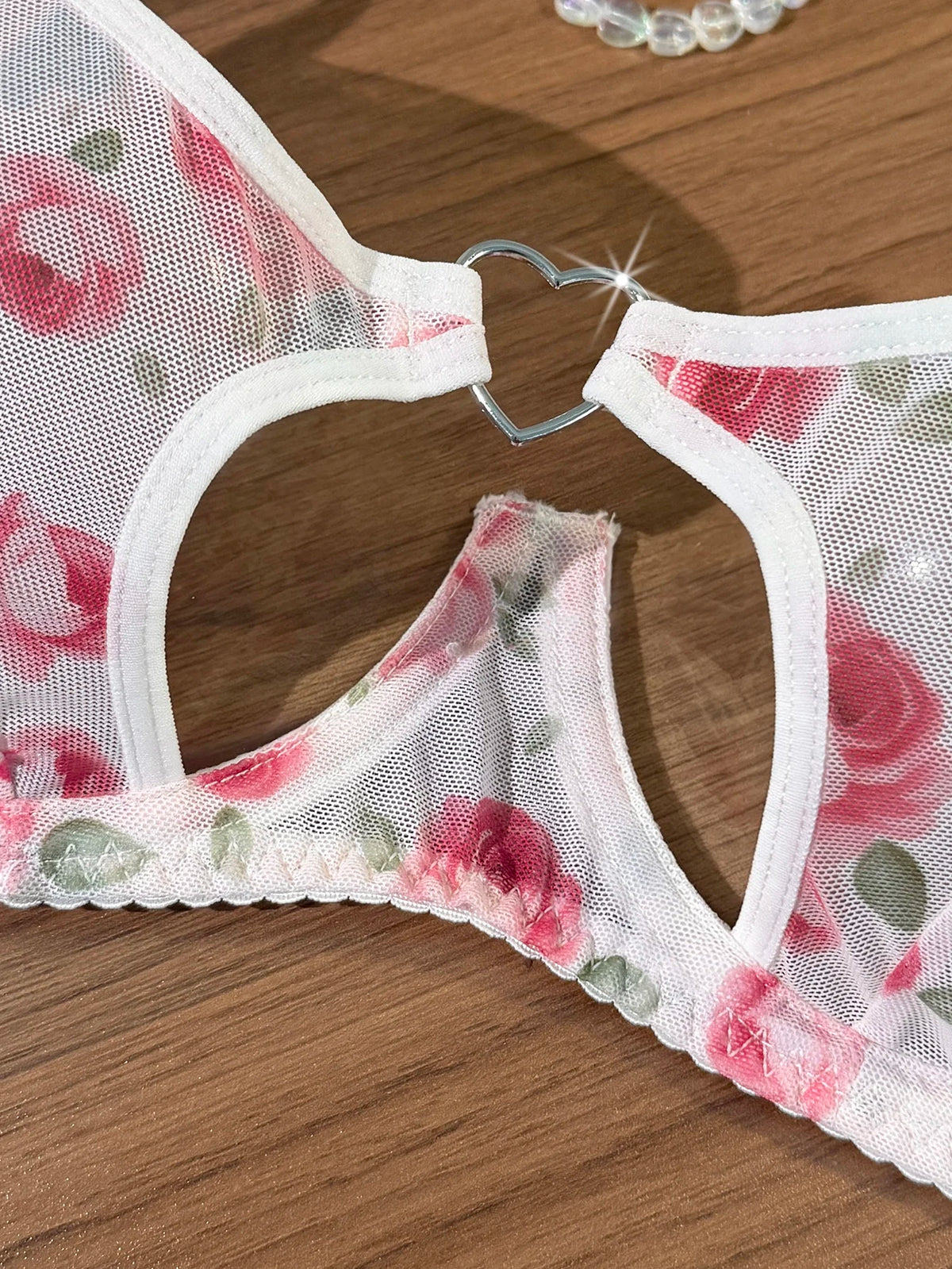 French Romantic Pink Rose Print Sheer Mesh Lingerie Set Heart Cutout Underwire Bra & Thong