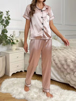 Autumn Winter Sleepwear Women's Satin Pajamas Set,Short Sleeve Top and Long Pants,Comfortable Casual Home Wear and Outdoors