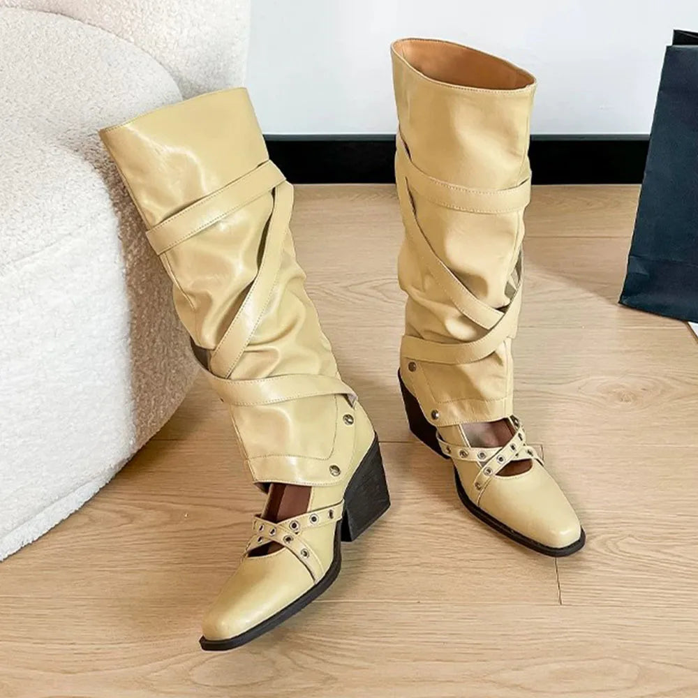 Vintage Y2k Slouchy Knee High Western Boots Women Chunky Block Heel Summer Cowboy Knee High Boots Motorcycle Boots Shoes