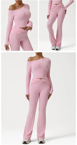 2 Pieces Women's Seamless Yoga Set Long-sleeved Shirt Flared-pants Tracksuit Running Fitness Sports Set Slim-fit High Waist Suit