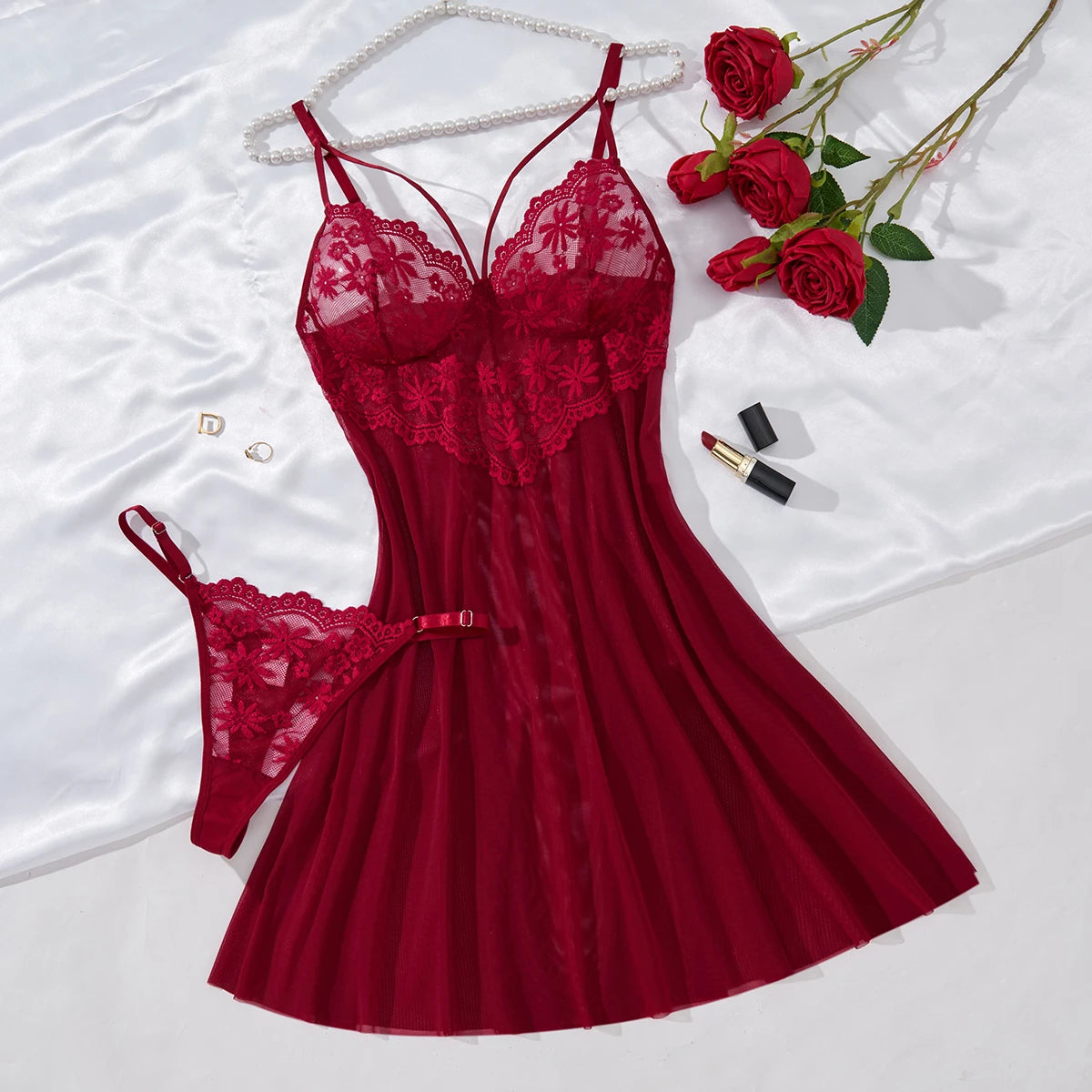 Deep V netted embroidered nightgown and thong set. Red lace strapless sexy women's homewear. ZA825096
