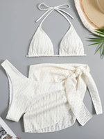 2026 New 3 Pieces Set Swimsuit Women Thong Swimwear Sexy Micro Bikini Set With Sarong Skirt White Beachwear Bathing Suit Pink