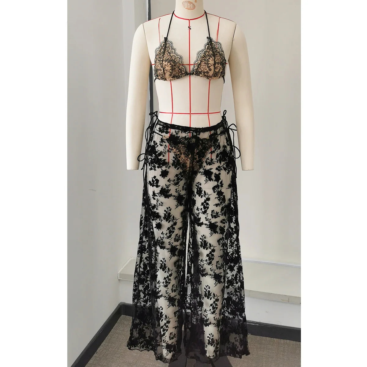 Sexy Black Lace Long Pants 3 Piece Bikini Set Women Push Up Bra Bandage Triangle Swimsuit Beach Bathing Suit Holiday Swimwear