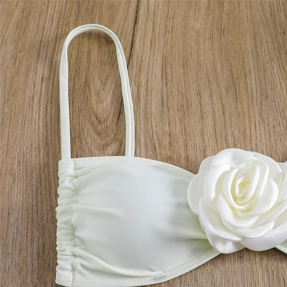 Sexy Flower Bandeau Swimwear Thong Bikini 2026 Women Lace-up Swimsuit Swimming Bathing Suit Brazilian Bikinis Sets Mujer Biquini