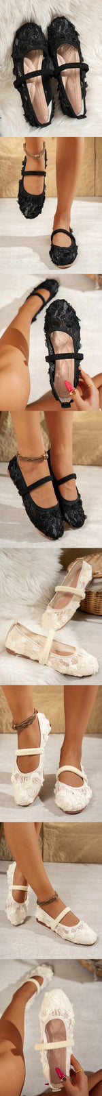 BigSize 43 Breathable White Lace Mary Jane Flats Women Comfy Walk Square Toe Casual Office Lady Ballet Flats Shoes Daily Wear