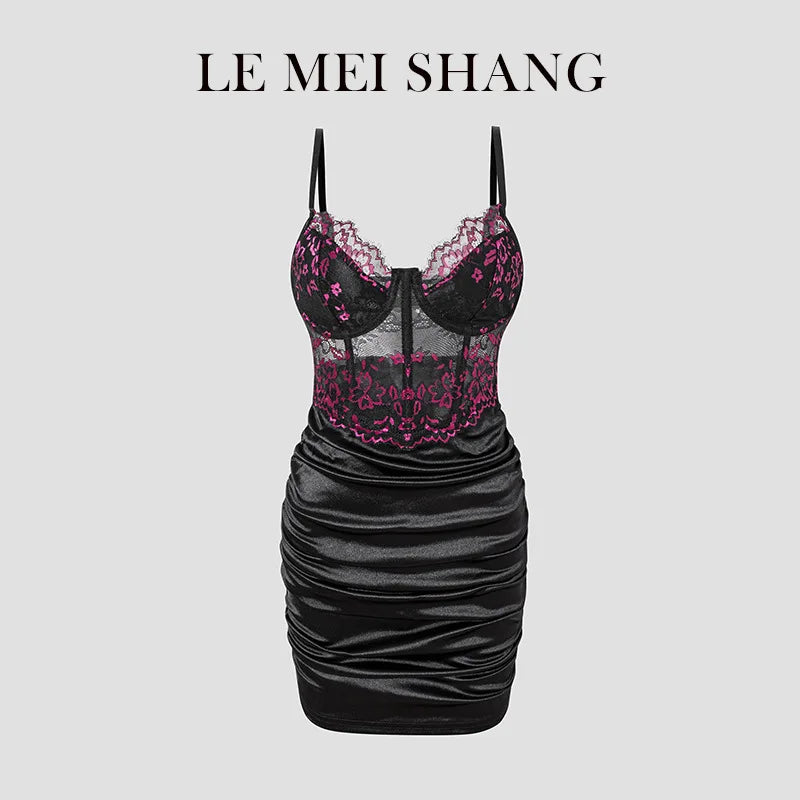 Hot Girls Slim Spaghetti Strap Mini Dresses Women Sexy See Through Flower Lace Fold Package Hip Bodycon Short Dress Club Vestido