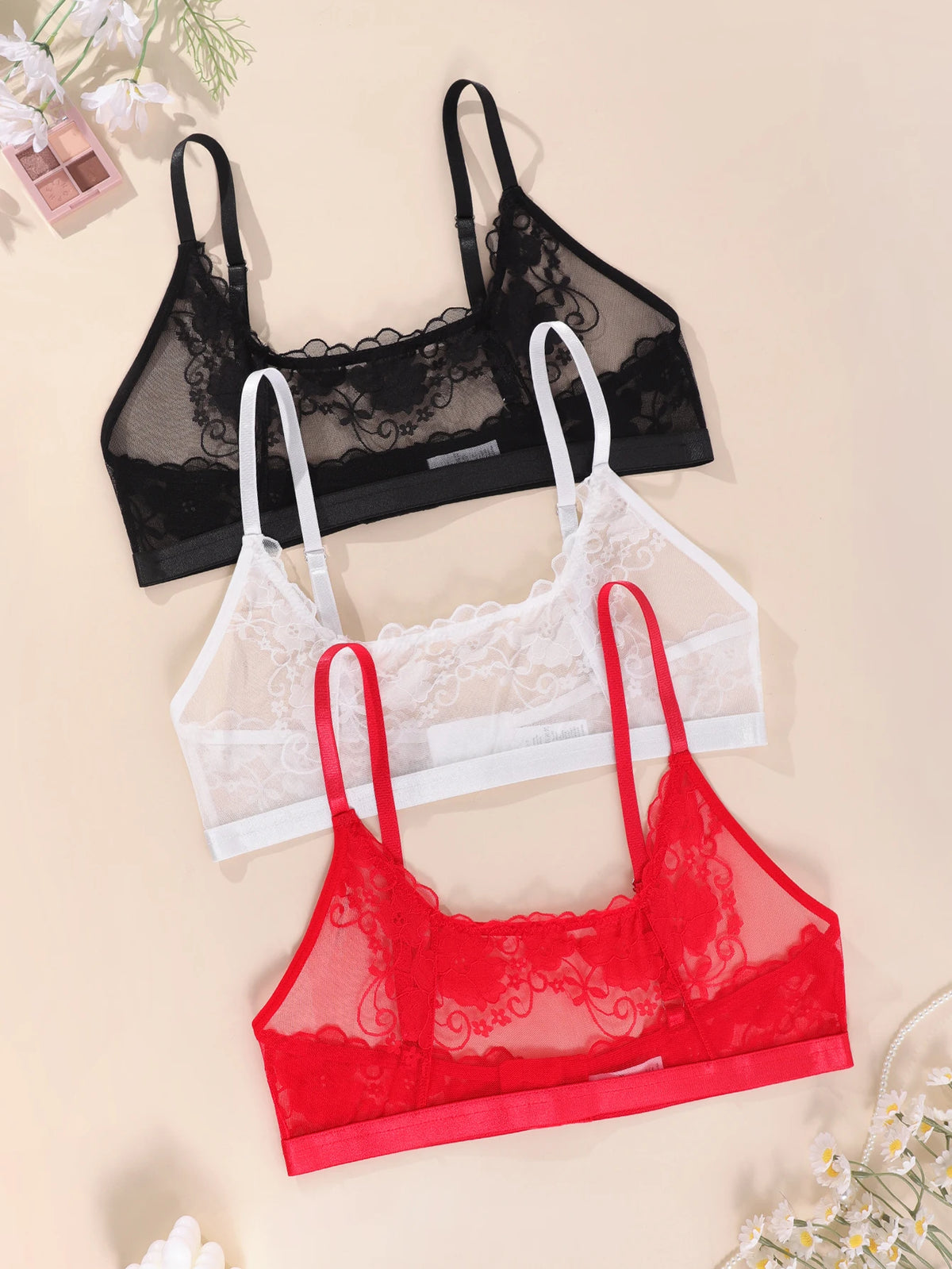 See Tbrough Lace Embroidery Women Lingerie Adjustable Strap Unlined Brassiere Women's Bras Floral Wire-Free No Pad Bra Underwear