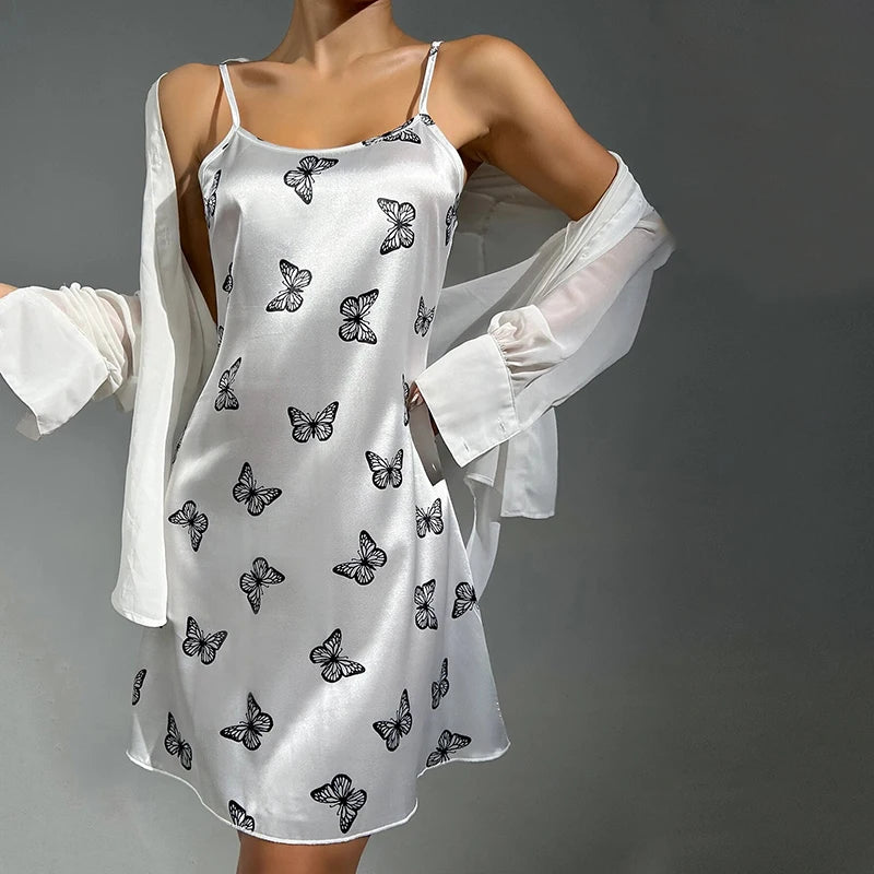 Women's Cozy Silky Nightgown Butterfiles Print Low-Cut Slip Dress For Cool Feeling In Summer Chic Sleepdress Homedress Pyjamas