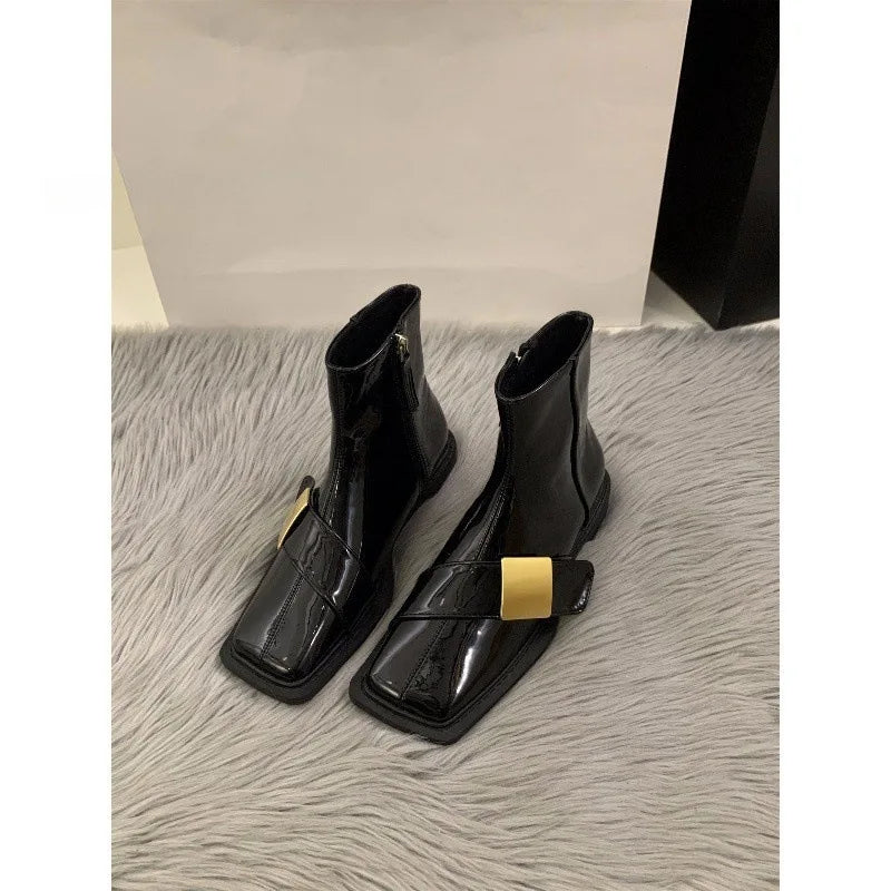Designer Vintage Women Ankle Boots Fashion Square Toe Shoes Spring Autumn Flats Ladies Short Booties 2025