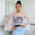 Women Solid Color Lace Tops Crew Neck Flower Cover-up Summer Sheer Tops Clubwear for Casual Daily