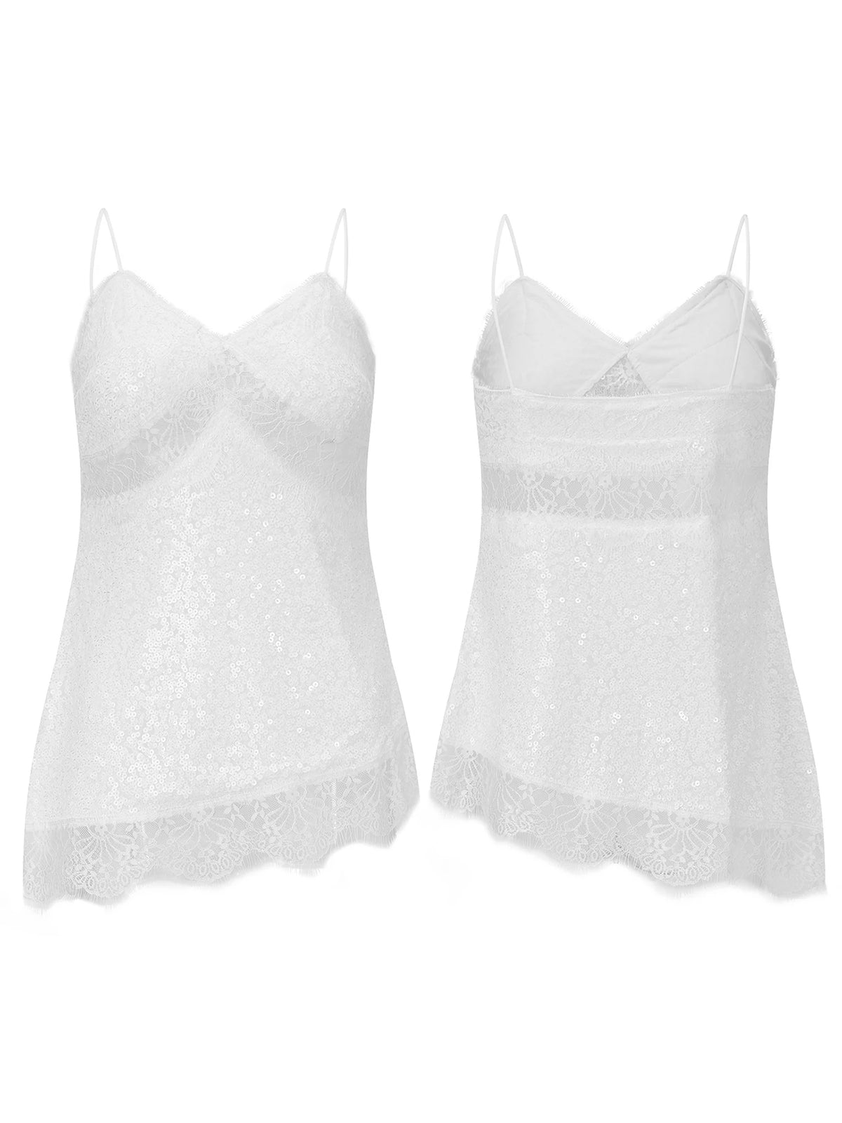 Women Sequin Camisole Tops Spaghetti Strap V Neck Lace Trim Loose Fit Tank Tops Summer Daily Casual Elegant Vest Streetwear
