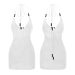 Women Backless Halter Mini Dress Casual Summer Knit Crochet Cutout Bodycon Party Dress for Beach Club Streetwear
