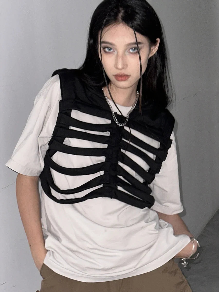 Women Gothic Vest Coat Hollowed Skeletal Gilet Hoodie Sleeveless Hooded Waistcoat Streetwear for Party