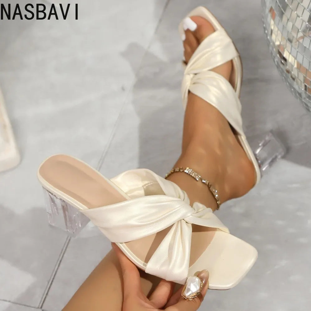 White French Cross Band Square Head Sandals Women Summer Outdoor Wear Thick Heel Beach Crystal Dress Slippers Fashionable Shoes