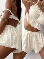 Women 2 Piece Pajama Set Lace Trim Camisole Shorts Textured Hollow Out Summer Sleepwear Lightweight Home Loungewear
