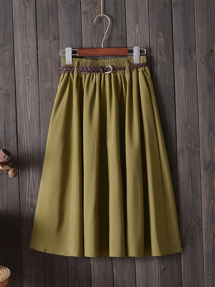 Midi Knee Length Summer Skirt Women With BeltFashion Korean Ladies High Waist Pleated A-line School Skirt Female
