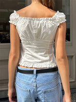 Women's Button Down Tops Fashion Cap Sleeve Solid Color Slim Fit Frill T-Shirts Summer Blouses