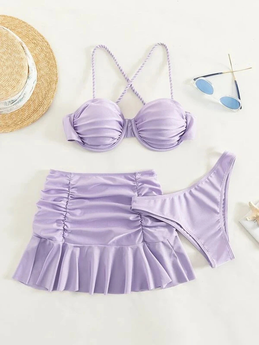 2026 Push Up 3 Pieces Bikini & Beach Slirt Swimsuit Women Strappy Swimwear Female Bathers Bathing Swimming Swim Suit Beachwear