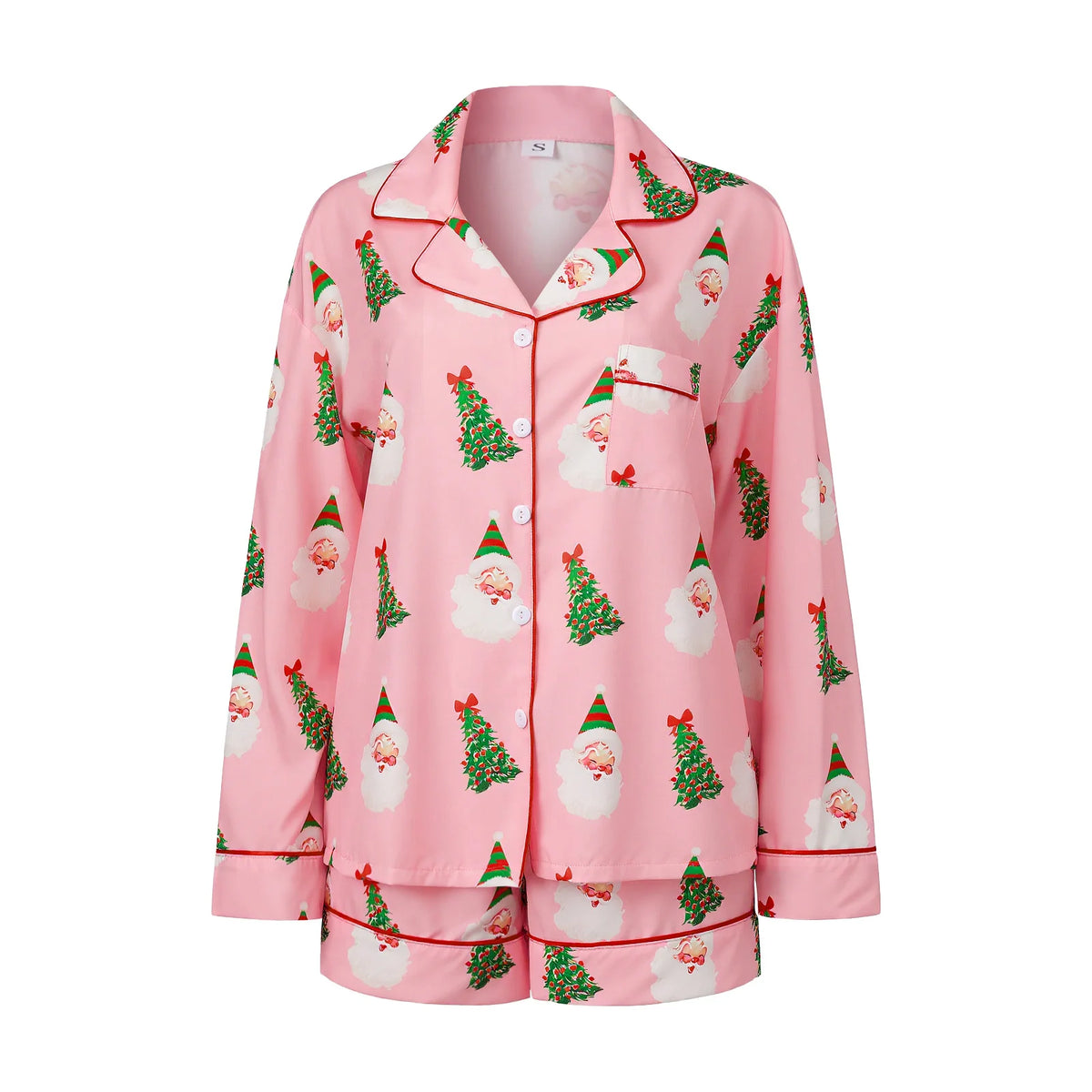 Women's Christmas Two Pieces Pajama Set Long Sleeve Lapel Santa Claus/Christmas Tree Print Shirt Shorts Loose Sleepwear