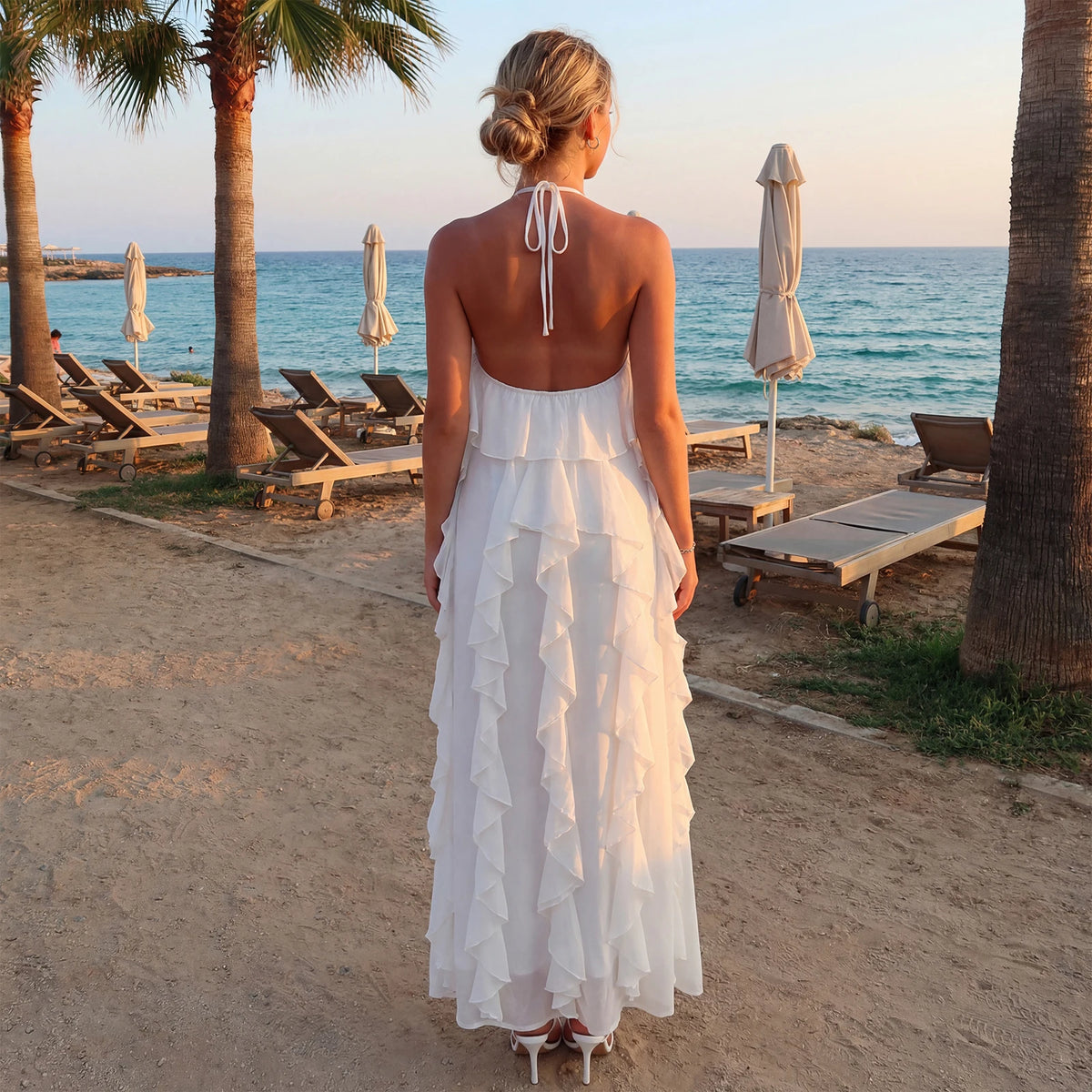Women Fashionable Backless Sleeveless Ruffle Dresses Summer Holiday BeachSolid Color Halter Long Dress