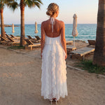 Women Fashionable Backless Sleeveless Ruffle Dresses Summer Holiday BeachSolid Color Halter Long Dress