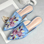 2026 Big Size 43 Summer Women's Blue Mules Slipper Sandals with Silk Flowers Embroidery Comfy Walking Slide Flat Satin Shoes