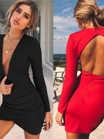 Solid Color Slim Mini Dresses Women 2024 Sexy Deep V-neck Backless Package Hip Bodycon Dress Female Fashion Party Club Vestidos
