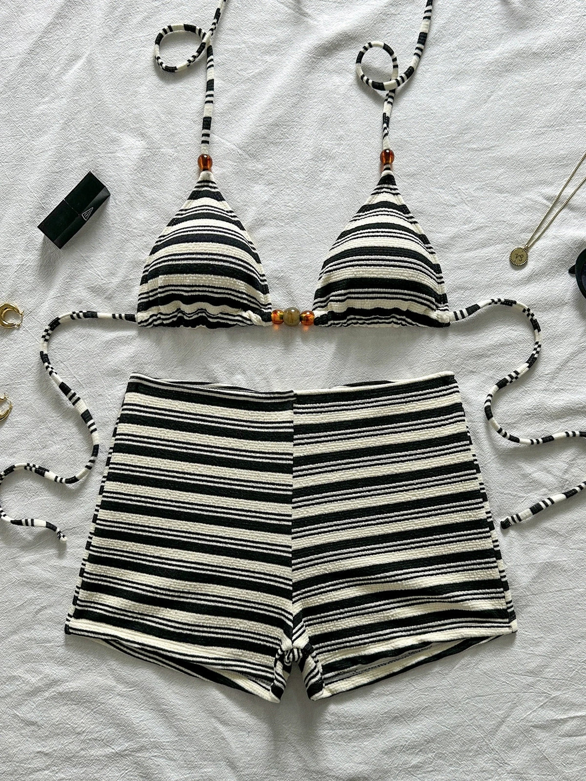 DEKA Summer Womens Striped Bikini Sexy Halter Bra Tops with Shorts 2 Pcs Set Beach High Waist Swimwear Female Bathing Suit