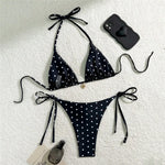 Sexy Black Dot Print Triangle Micro Bikini Thong Set Swimsuit Women 2026 String Halter Swimwear Heart Rhinestones Bikinis Mujer