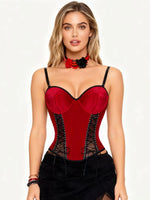 Christmas Red Black Lace Fishnet Boned Bodysuit, Sexy Push Up Corset Shapewear with Side Smoothing, Tummy Control Lingerie
