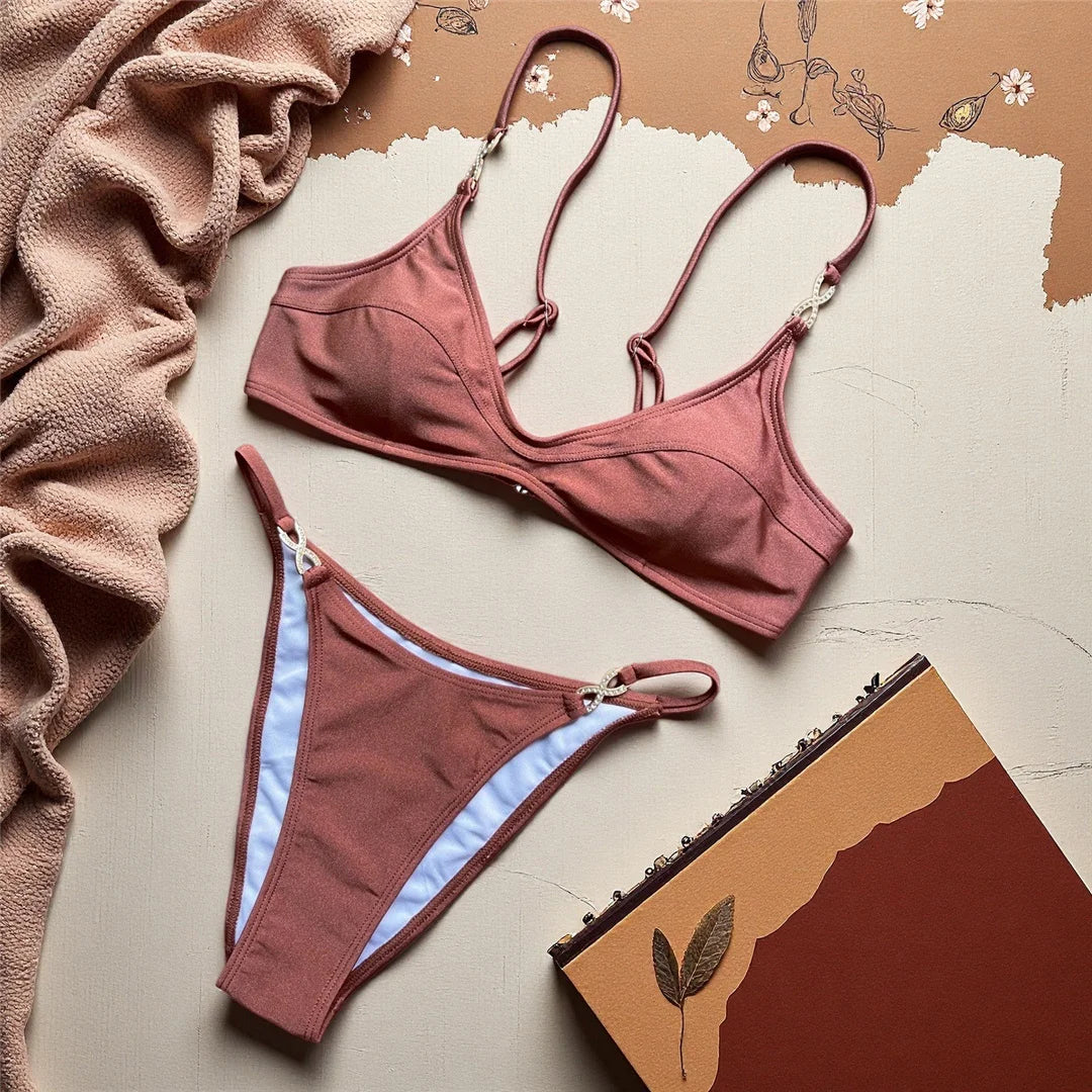 10 Colors V Neck Rhinestones Bikini Female Swimsuit Women Swimwear Padded Bather Bathing Suit Swim Two-pieces Bikini set K8138