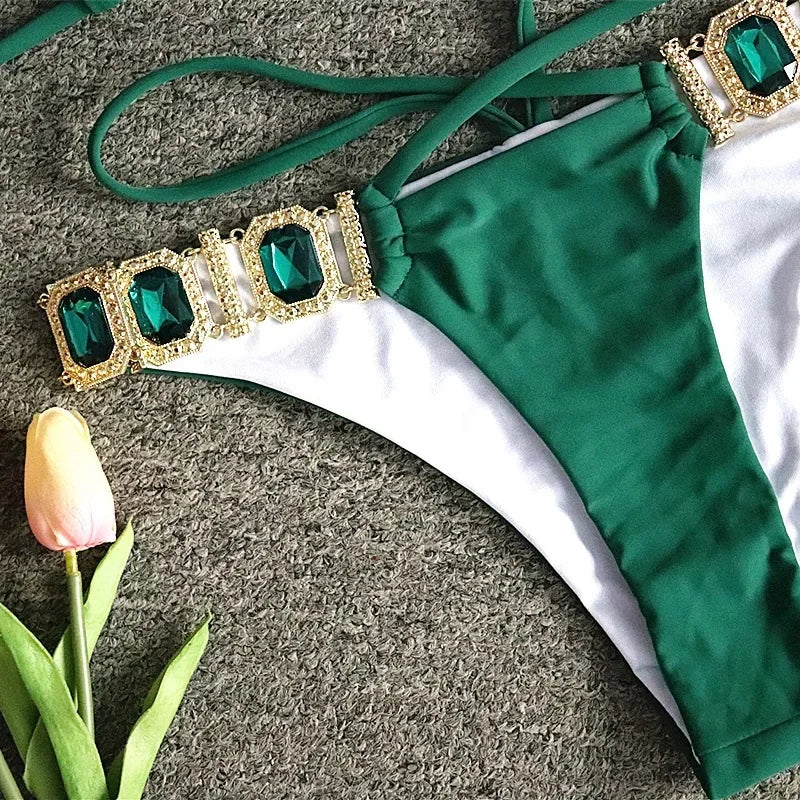 Sexy Rhinestones Thong Bikini Women Green Push Up Glitter Diamond Band 3 Piece Swimsuit Chain Metal Bathing Suit Luxury Swimwear