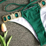 Sexy Rhinestones Thong Bikini Women Green Push Up Glitter Diamond Band 3 Piece Swimsuit Chain Metal Bathing Suit Luxury Swimwear