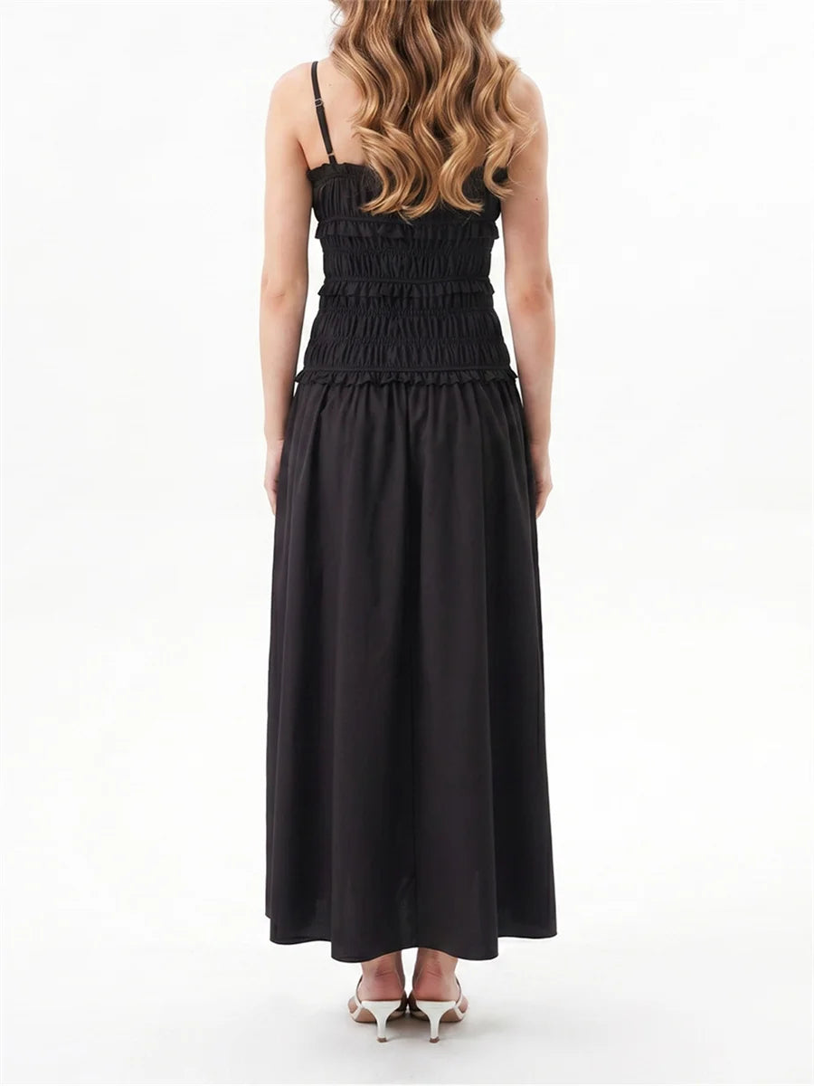 2026 Summer Women Slip Dress Sleeveless Smocked Ruffle Pleated Long Dress for Party Cocktail Out Going Streetwear